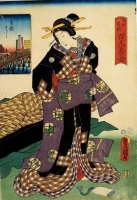 歌川国貞(3代豊国)・2代歌川国久：「江戸名所百人美女　両国はし」　錦絵：1857年(安政4)：江戸東京博物館蔵：前期展示：後期は同シリーズの別作品を展示