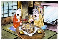 バナナを食べる水木夫妻　1989年　（ｃ）水木プロダクション